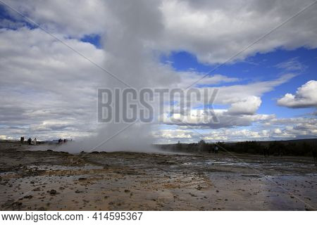 Geysir / Iceland - August 25, 2017: Strokkur Geysir Eruption Near Golden Circle, Iceland