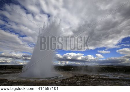 Geysir / Iceland - August 25, 2017: Strokkur Geysir Eruption Near Golden Circle, Iceland