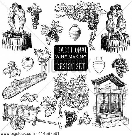 Set Of Isolated Objects Illustrating Process Of Traditional Way Of Wine Making