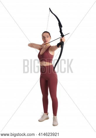 Woman With Bow And Arrow Practicing Archery On White Background