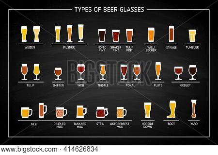 Beer Glass Types On Black Chalkboard. Vector