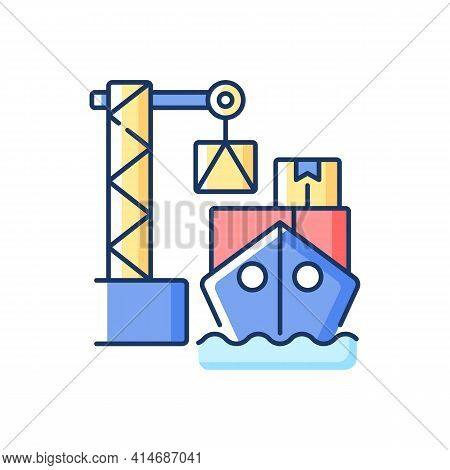 Cargo Loading Rgb Color Icon. Container Ship. Vessel Loading, Unloading Procedure. Sea Freight Trans