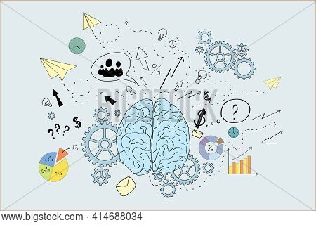 Brain Icons Sketch, Blue, White, Brainwork, Brainstorm Concept. 3d Rendering