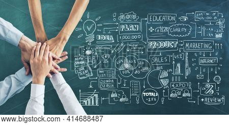 Business Plan Concept With Handwritten Sketch Of Business Steps And Human Hands In Sleeves On Green 