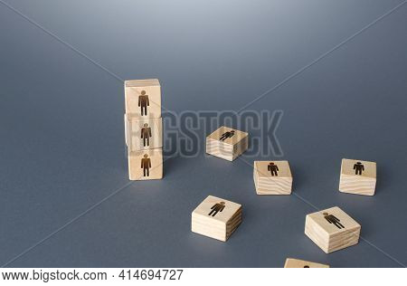 Figurine Block Tower With People. Hierarchical System. Company Organization. Hiring, Recruiting. Eff