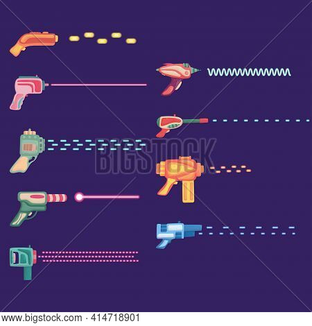 Cartoon Set Of Futuristic Colorful Blaster With Ray.