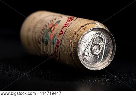 Birra Moretti, A Premium Lager Beer With Water Droplets On Black Background. Studio Photo Shoot In B