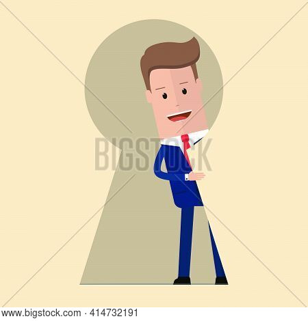 Businessman Looking Out Of Giant Keyhole With Curiosity . Metaphor Of Key Person, Problem Solution A