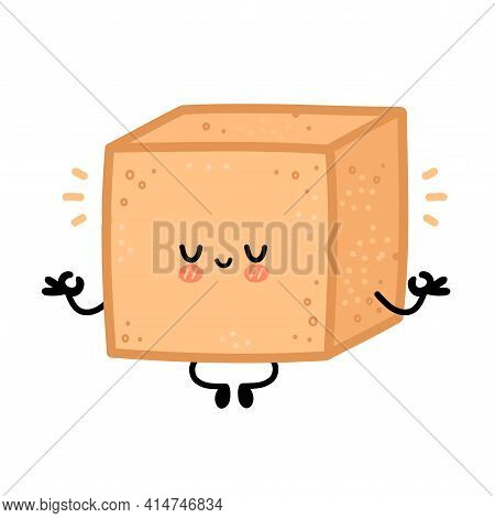 Cute Brown Cane Sugar Cube Character Meditate. Vector Flat Line Cartoon Kawaii Character Illustratio