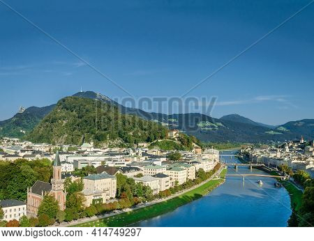 Old Town Of Salzburg Flanked By Kapuzinerberg Hill. Capital City Of State Of Salzburg In Austria, Eu