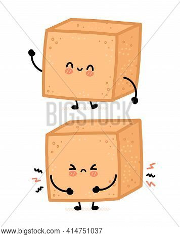 Cute Happy And Sad Brown Cane Sugar Cube Character. Vector Flat Line Cartoon Kawaii Character Illust