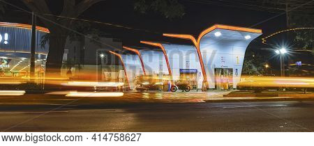 Lima, Peru - March 29 2021: Primax Service Station, Sale Of Gasoline And Gnv Fuel. Night View, Long 