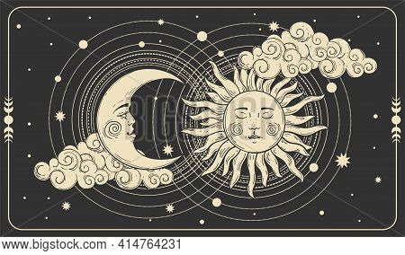 Sun And A Crescent Moon With A Face On A Black Cosmic Background. Tarot Card, Concept Of Mythology, 