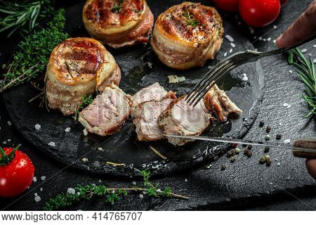 Grilled Meat Steak Filet Mignon With Seasonings. Juicy Meat Steak. Beef Steak Grilled On Dark Backgr