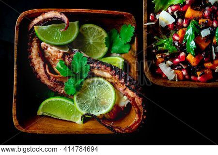 Fried Calamari Tentacles With Lime And Side Pomegrenate And Sweet Potatoes Salad