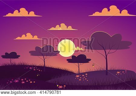 Sunset At Spring Meadow Landscape Background In Flat Cartoon Style. Evening At Garden, Trees, Grass 