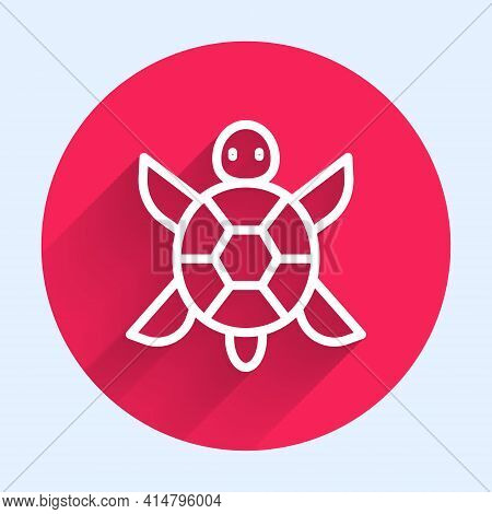 White Line Turtle Icon Isolated With Long Shadow. Red Circle Button. Vector