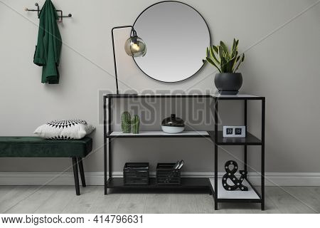 Hallway With Stylish Console Table And Mirror. Interior Design
