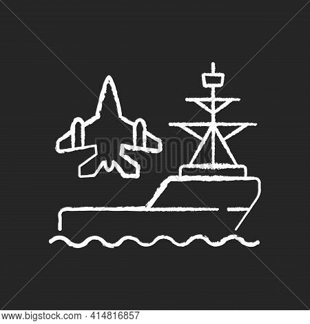 Aircraft Carrier Chalk White Icon On Black Background. Seagoing Airbase. Place For Aircraft Launchin