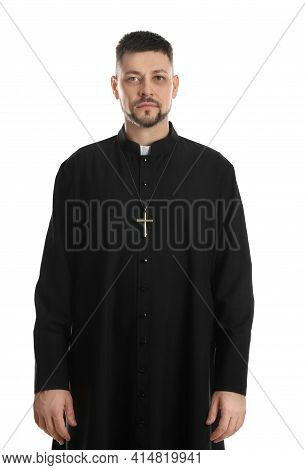 Priest Wearing Cassock With Clerical Collar On White Background