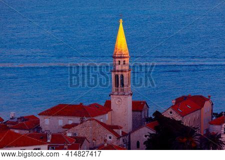 Budva Coastal Old Town With Citadela Fortress . Famous Place In Montenegro
