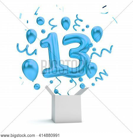 Happy 13th Birthday Blue Surprise Balloon And Box. 3d Rendering