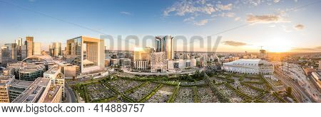 Paris, France - Jun 20, 2020: Aerial Shot Of Skyscrapers In La Defense Post Pandemic Lockdown At Sun