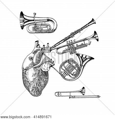 Music Of The Heart In Vintage Style. Jazz Musical Trombone Trumpet Flute French Horn Saxophone. Hand