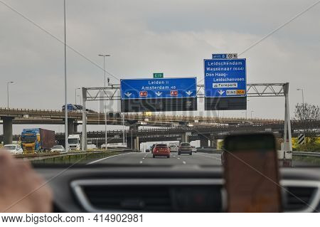 Delft, Netherlands - April 15, 2019: Board Signs On The Autobahn For Drivers