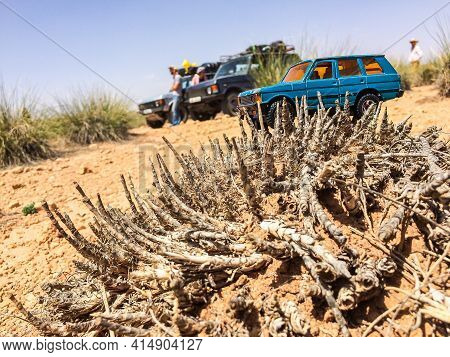 Zaida, Morocco - April 10, 2015. Toy Car In Terrain As A Comparison Of Real Cars Of Range Rover Clas