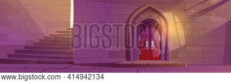 Medieval Dungeon Or Castle Interior With Wooden Arched Door, Stone Stairs And Brick Wall, Entry To P