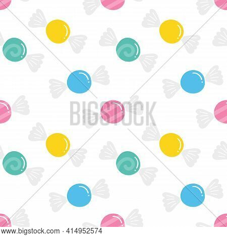 Cute Cartoon Style Colorful Candy, Sweets, Taffy Vector Seamless Pattern Background.