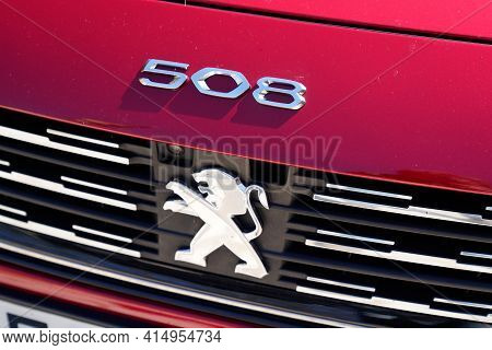 Bordeaux , Aquitaine France - 03 25 2021 : Peugeot 508 Front French Car Manufacturer Red Vehicle New