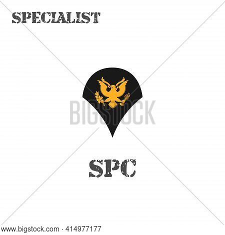 Realistic Vector Icon Of A Specialist Soldier Of The Us Army. Description And Abbreviated Name