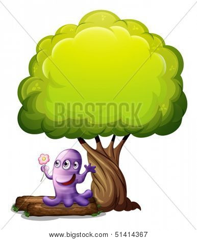 Illustration of a monster with a flower standing under the big tree on a white background