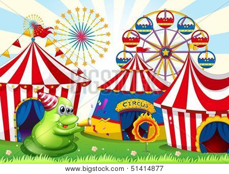 Illustration of a carnival with a green three-eyed monster