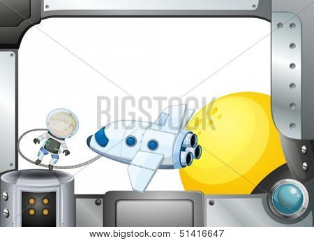 Illustration of a metal frame border with an airplane and an astronaut