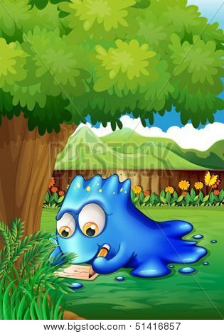 Illustration of a yard with a blue monster writing
