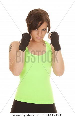 Woman Green Tank Punch Hands Up
