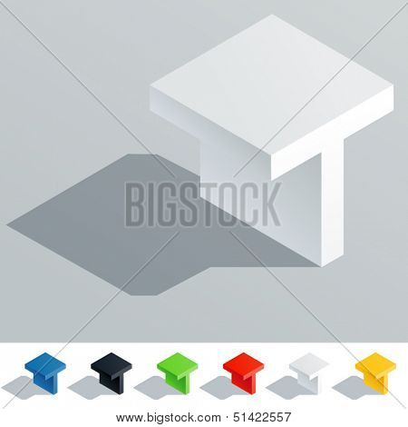 Vector illustration of solid colored letter in isometric view. Cube styled monospace characters. Symbol T