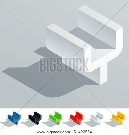 Vector illustration of solid colored letter in isometric view. Cube styled monospace characters. Symbol Y