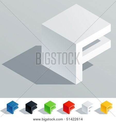 Vector illustration of solid colored letter in isometric view. Cube styled monospace characters. Symbol F