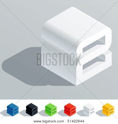 Vector illustration of solid colored letter in isometric view. Cube styled monospace characters. Symbol 2
