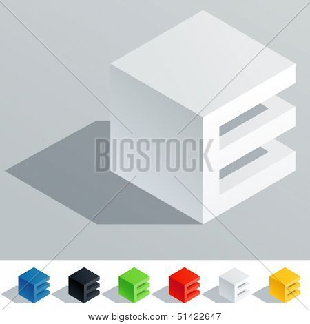 Vector illustration of solid colored letter in isometric view. Cube styled monospace characters. Symbol E