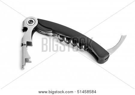 a sommelier knife, with corkscrew and bottle opener, on a white background