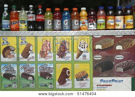 Soft beverages and ice cream at vendors cart in Central Park