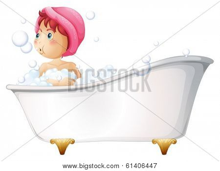 Illustration of a young girl taking a bath on a white background