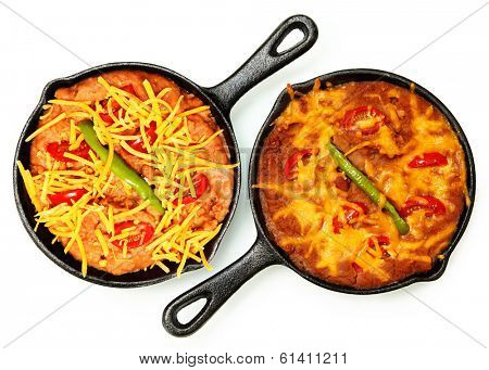 Skillet Refried Beans with Hot Peppers, Cherry Tomatos and Cheddar Cheese over white. Before and After Baked.