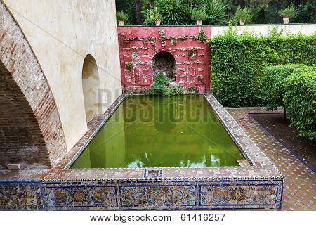 Green Pool Reflection Mosaic Wall Garden Alcazar Royal Palace Seville Spain