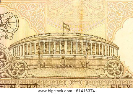 Indian Parlimament Depicted On An Indian Currency Note